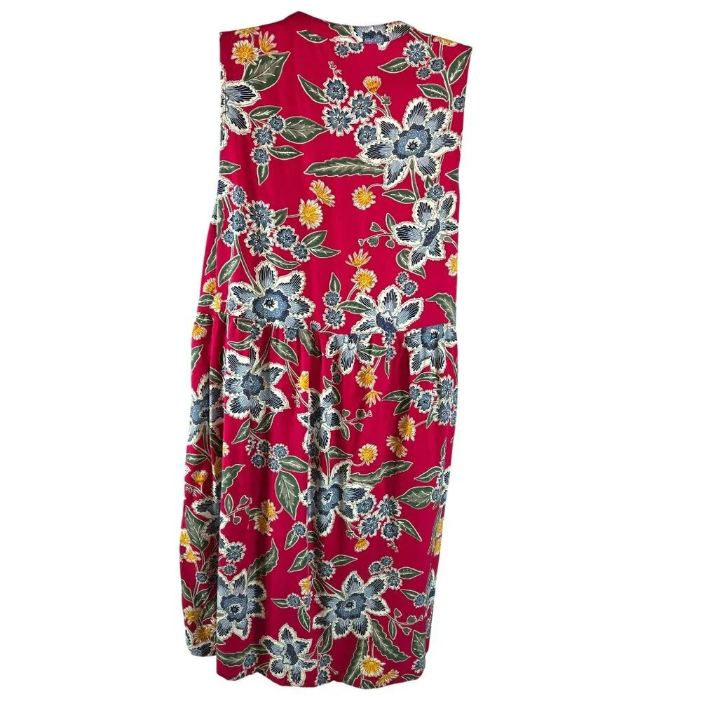 Old Navy Red Floral Boho Sleeveless Dress Womens M Rayon Tassel Tie Neck Pleated - Picture 3 of 12